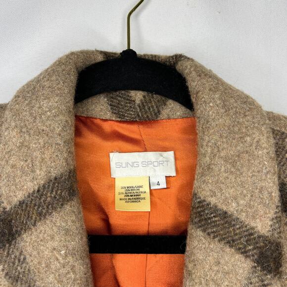 VTG Womans Alfred Sung Sport Wool Mohair Cropped Blazer Brown Tan Checker Sz 4 - Picture 6 of 11